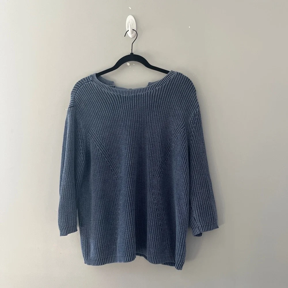 Caslon Blue Cotton Sweater Pullover Tie Neck Coastal Womens Size Large L